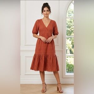 Mexx Rust Orange Eyelet Midi Dress